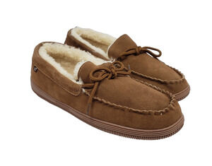 Lamo Mens Size 14 Brown Suede Slip On Faux Fur Moccasin Moc Slippers MU1946